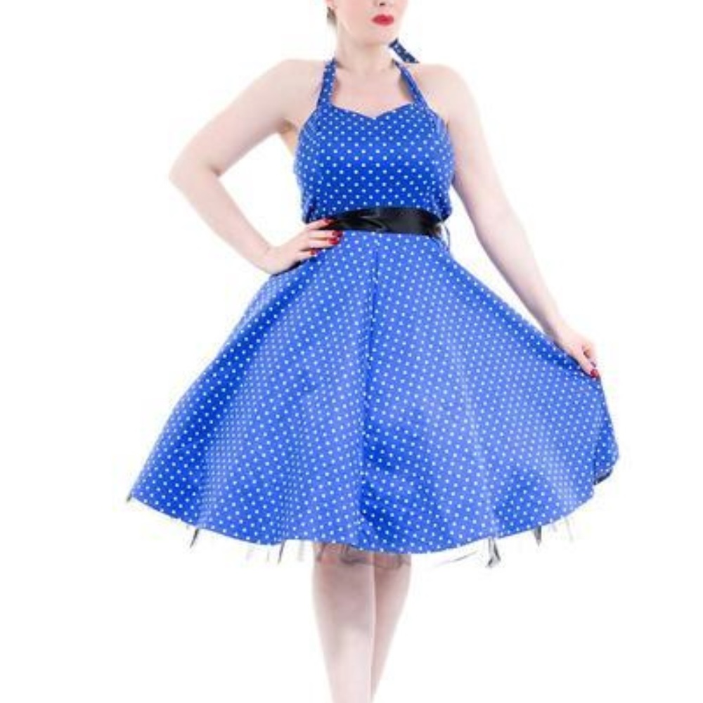 H & R London Blue Polka Dot Halter Swing Dress / 18